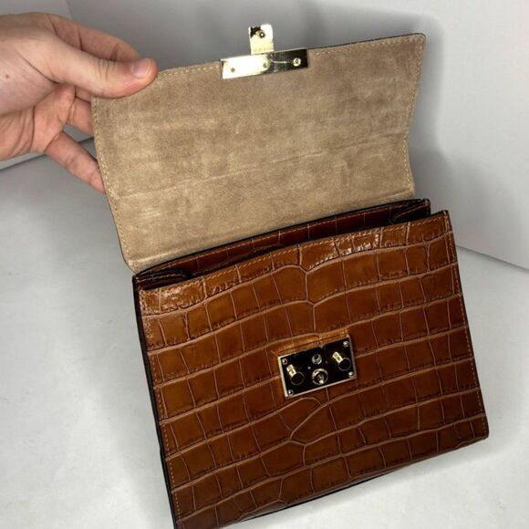 Sali Beige Italian Leather Crocodile Print Top Handle Crossbody Bag Womens - Picture 8 of 12